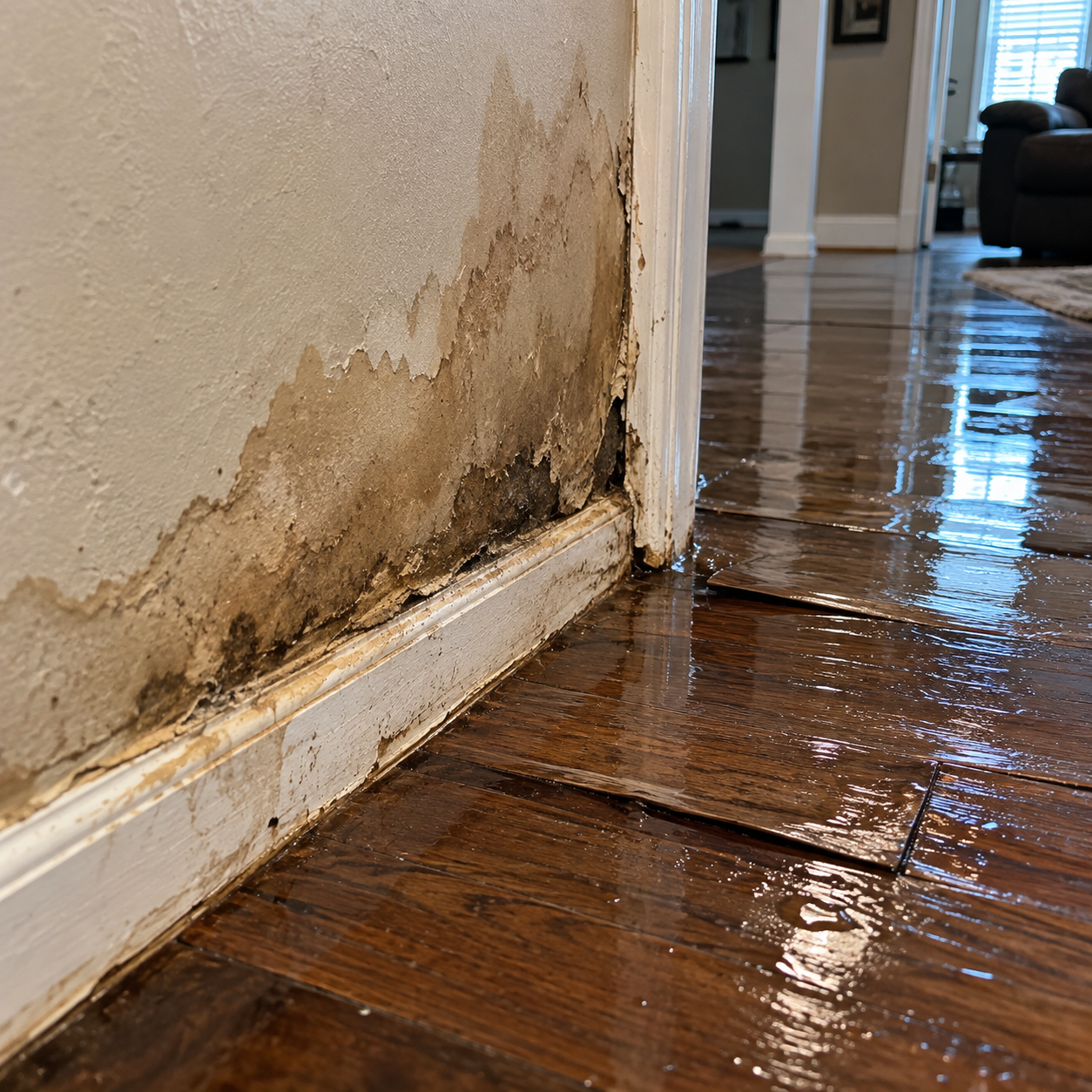 Burst pipe water damage to wall and floor in Riverside CA home