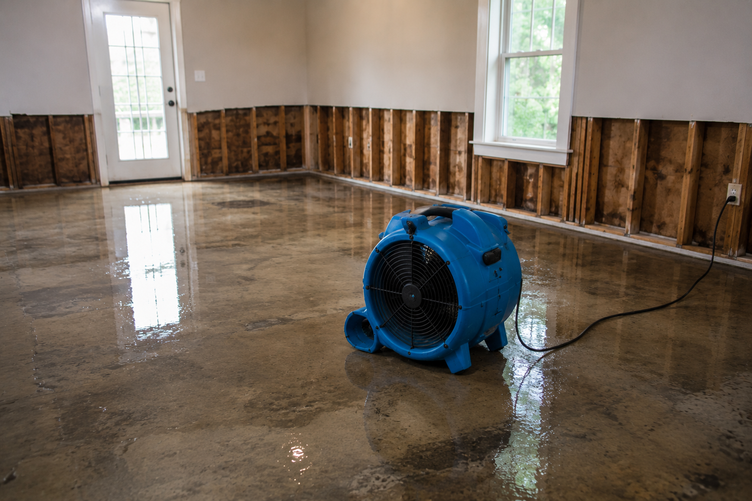 Wet concrete floor with drywall removed and industrial dehumidifier placed during water damage restoration