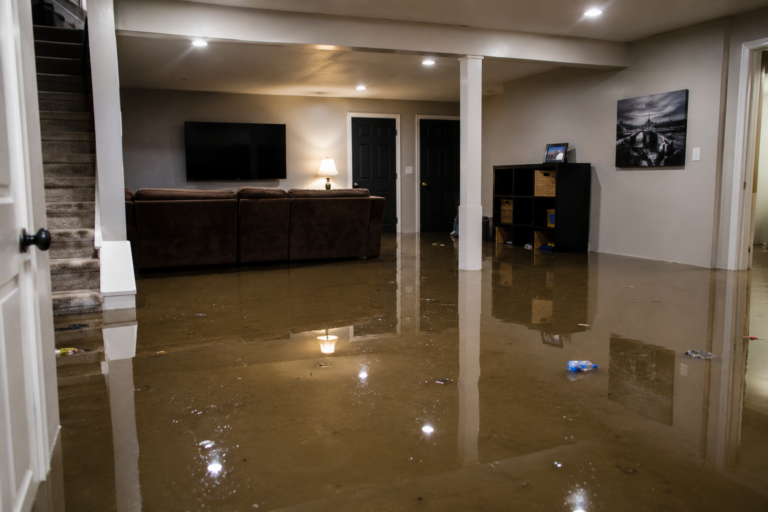 Flooded family room interior with standing water requiring immediate flood cleanup in Riverside CA